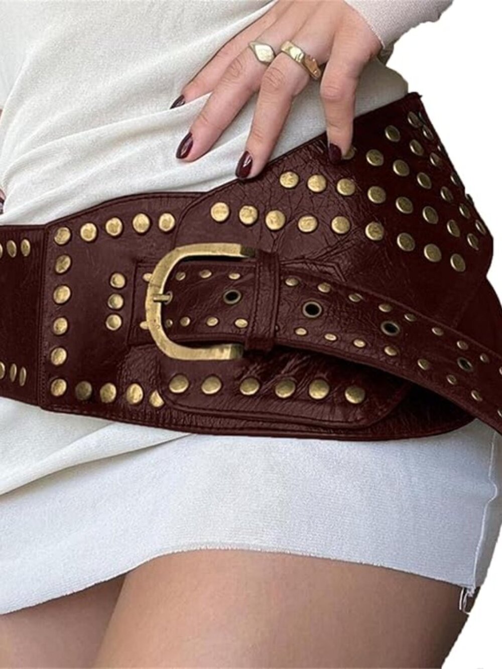 Womens Wide Boho Leather Belt Western Chunky Oval Y2k Grunge